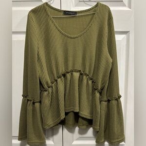 Whimsical Flowy Mauve Olive Waffle Knit Textured Peplum Top
